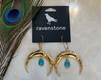 The Golden Moon and Blue Topaz Drop Earrings | Ravenstone | Nickel-Free Jewelry