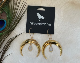 The Golden Moon and Moonstone Drop Earrings | Ravenstone | Nickel-Free Jewelry