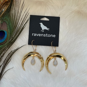 The Golden Moon and Moonstone Drop Earrings Ravenstone Nickel-Free Jewelry image 1