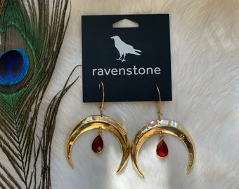 The Golden Moon and Garnet Drop Earrings | Ravenstone | Nickel-Free Jewelry