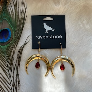 The Golden Moon and Garnet Drop Earrings | Ravenstone | Nickel-Free Jewelry