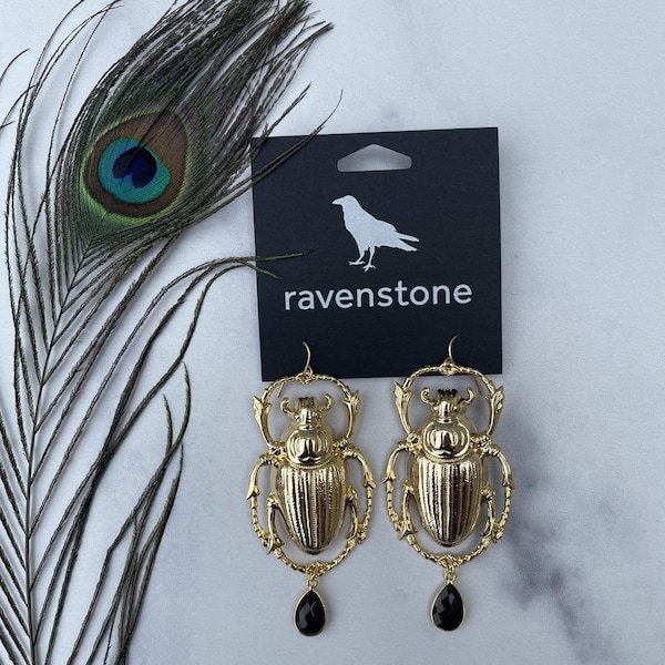 The Giant Golden Scarab and Black Onyx Earrings | Ravenstone | Nickel-Free Jewelry