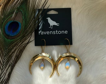 The Golden Moon and Opal Drop Earrings | Ravenstone | Nickel-Free Jewelry