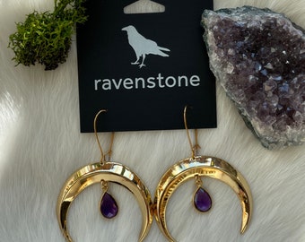 The Golden Moon and Amethyst Drop Earrings | Ravenstone | Nickel-Free Jewelry