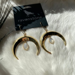 The Golden Moon and Moonstone Drop Earrings Ravenstone Nickel-Free Jewelry image 3