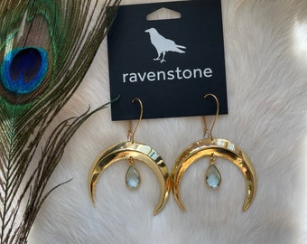 The Golden Moon and Aquamarine Drop Earrings | Ravenstone | Nickel-Free Jewelry