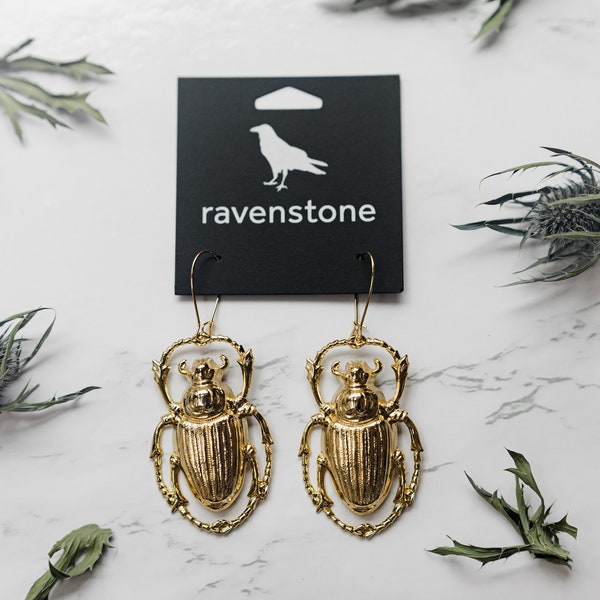 The Big Golden Scarab Earrings | Ravenstone | Nickel-Free Jewelry