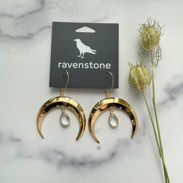 The Golden Moon and Clear Crystal Drop Earrings | Ravenstone | Nickel-Free Jewelry