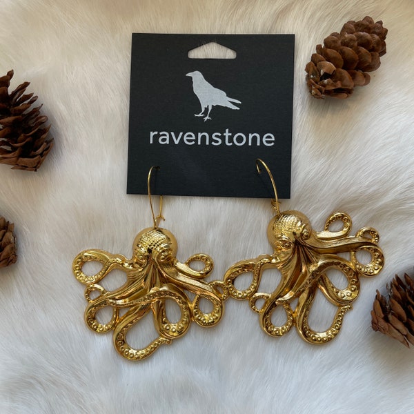 LIMITED EDITION | The Giant 24K Golden Octopus Earrings | Ravenstone | Nickel-Free Jewelry