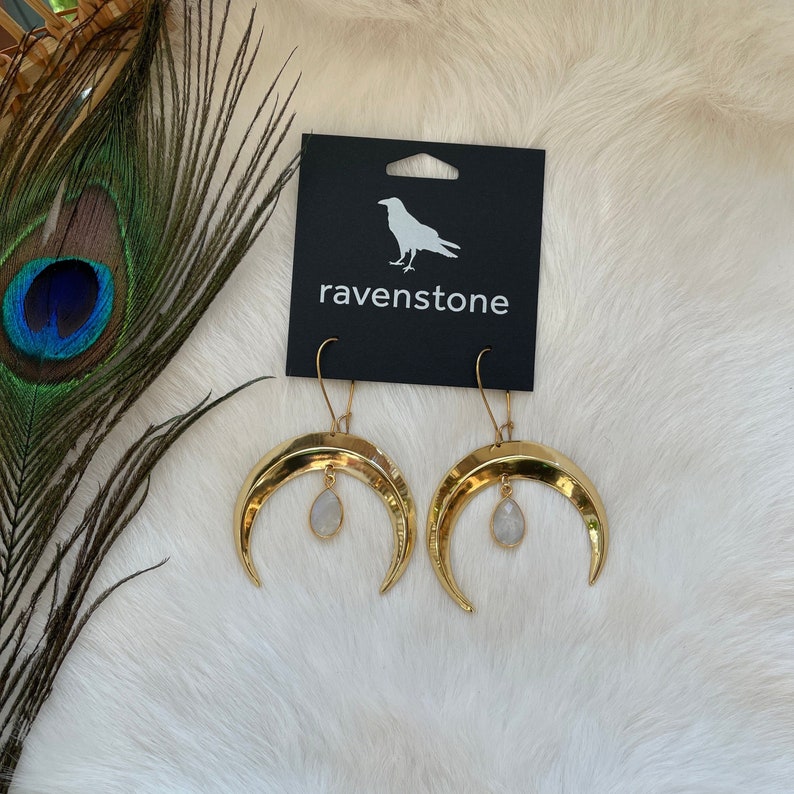 The Golden Moon and Moonstone Drop Earrings Ravenstone Nickel-Free Jewelry image 1