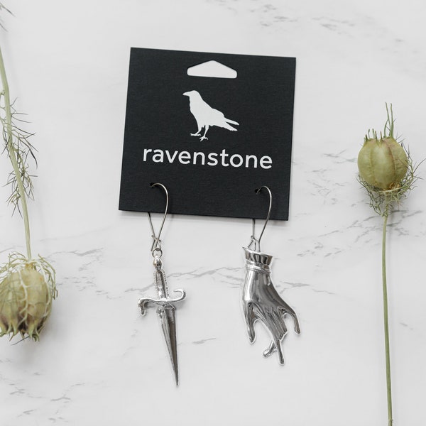 The Silver Hand & Dagger Earrings | Ravenstone | Nickel-Free Jewelry