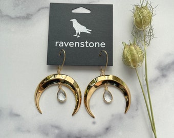 The Golden Moon and Clear Crystal Drop Earrings | Ravenstone | Nickel-Free Jewelry