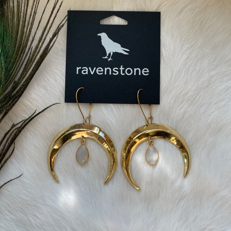 The Golden Moon and Moonstone Drop Earrings Ravenstone Nickel-Free Jewelry image 4