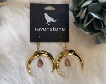 The Golden Moon and Morganite Drop Earrings | Ravenstone | Nickel-Free Jewelry