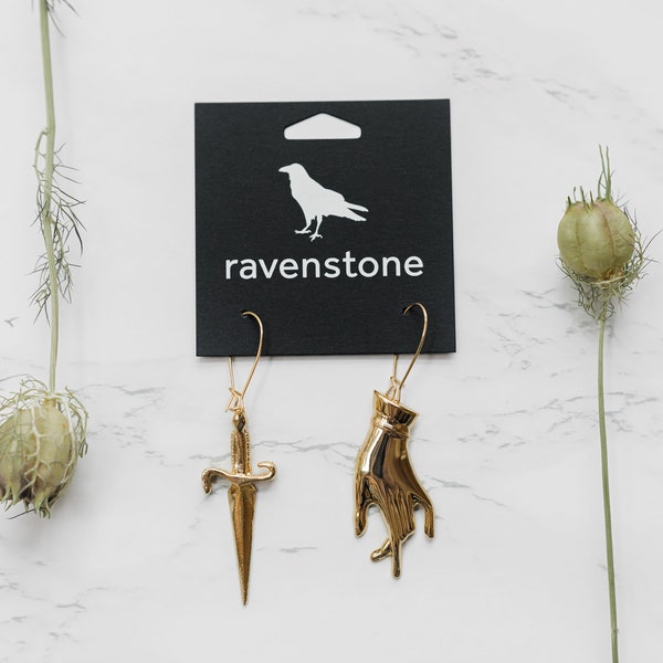 The Golden Hand & Dagger Earrings | Ravenstone | Nickel-Free Jewelry