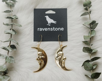 The Golden Moon Face Earrings | Ravenstone | Nickel-Free Jewelry