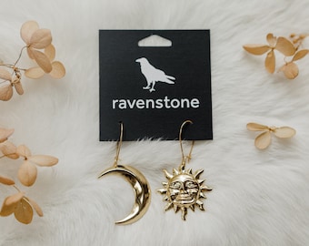 The Little Golden Sun and Crescent Moon Earrings | Ravenstone | Nickel-Free Jewelry