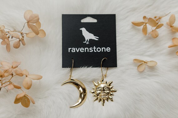 The Little Golden Sun and Crescent Moon Earrings Ravenstone Nickel