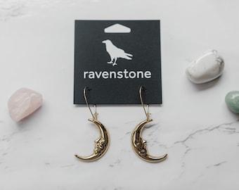 The Little Golden Moon Face Earrings | Ravenstone | Nickel-Free Jewelry