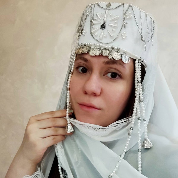 Armenian Traditional Taraz Style Headdress with Crosses, Floral Designs, and Long Veil | Armenian Wedding Headpiece in White Velour