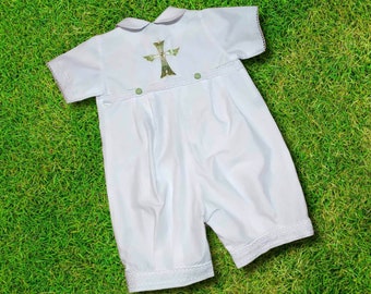 Stylish Cotton Boys' Baptism Tunic with Embroidered Cross and Matching Christening Towel | Baby and Toddler Blessing Romper