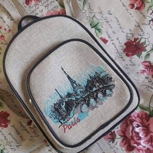 Flax Linen Natural Fabric Backpack Bags with Embroidered Venice or Paris Scenes | Child or Adult Book Bag | Fun Travel Purse | Personalized
