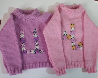 Custom Armenian Knit Jumper Hand Embroidered Letter Sweater Personalized Floral Initial Baby Gift Milestone Apparel