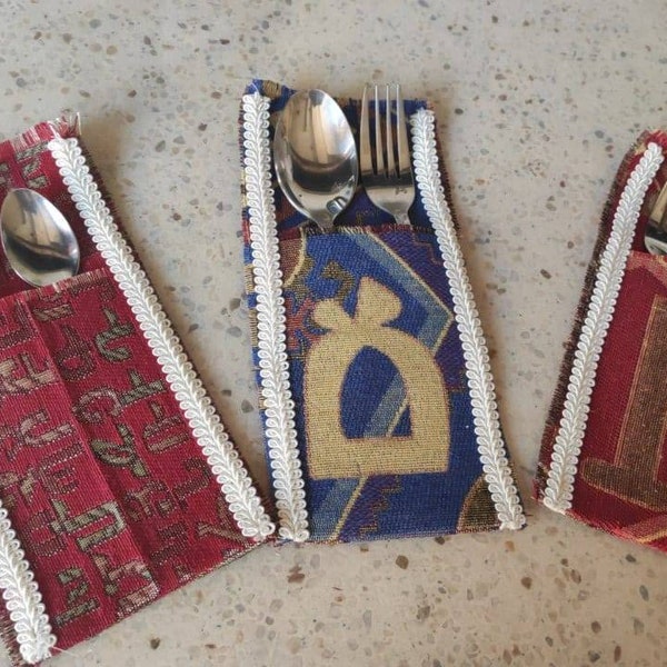 Armenian Taraz Fabric Utensil Pockets | Fabric Cutlery Holder | Cloth Ornamentation Cutlery Case in Pomegranate, Alphabet, Rug Designs, Etc