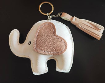 Handmade Dog and Elephant Keychain Handbag Charms in Faux Leather | White, Tan, and Brown Purse Keyring Accessories