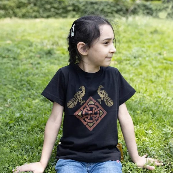 Armenian Ornamental Hand Painted 100% Cotton Tee Shirt with Traditional Style Stamp Painting Gold on Black