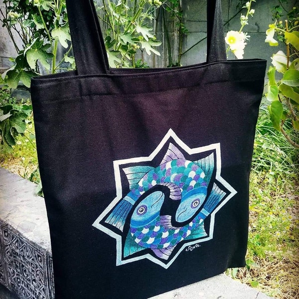 The Twin Fish - Tote Bag with Armenian Traditional Designs Carved into Ancient Churches