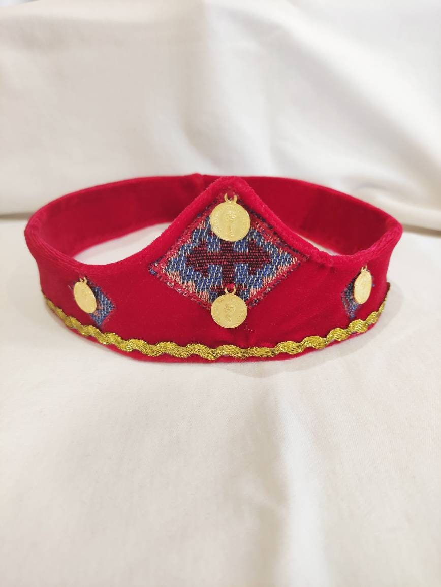 Coins and Cross Armenian Traditional Taraz Style Headdress Tiara | Armenian National Costume Headpiece in Red Velour