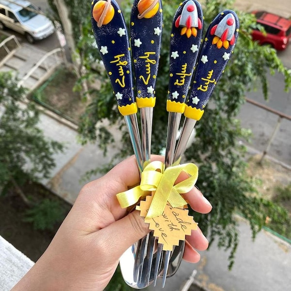 Space Program Custom Polymer Clay Cutlery for Kids | Personalized Utensil Fork and Spoon Set with Name in Armenian Original Keepsake Gift