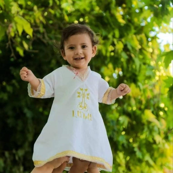 Adorable Personalized Cotton Baptism Tunic with Cross and Name | Boy and Girl Options | Unisex or Feminine Design Christening Gown