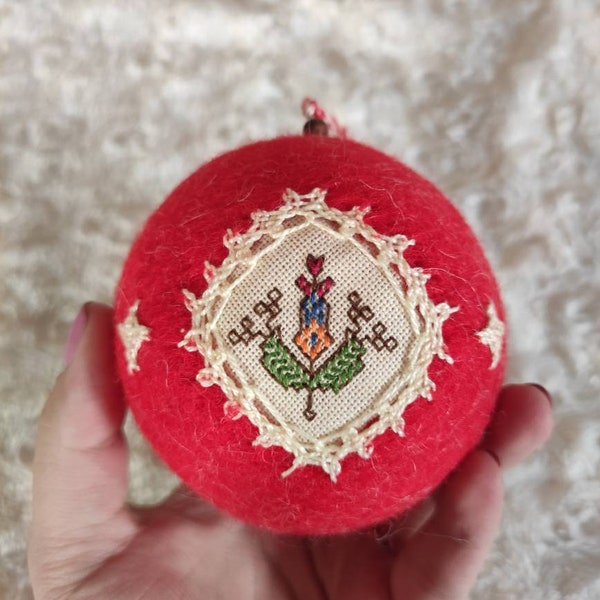 Traditional Armenian Embroidery on Needle Felted Wool Christmas Ornaments | Marash or Svaz with Cross, Kerkhatch, or Eternity Symbol