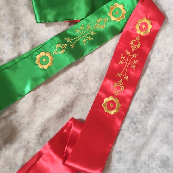 Armenian Traditional Groom Wedding Sash with Embroidered Cross and Floral Design | Red and Green Armenian Wedding Sash  - Kozpant - Gozband