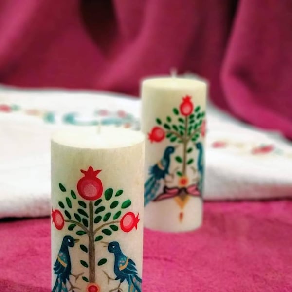 Tree of Life Hand-Painted Armenian Traditional Miniature Art Design Pillar Candles for Home Decor | Wedding and Baptism Essentials and Gifts