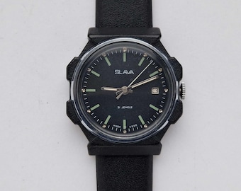 Raro reloj de colección vintage SLAVA, de estilo mecánico soviético, para hombre, con caja de plástico, URSS.