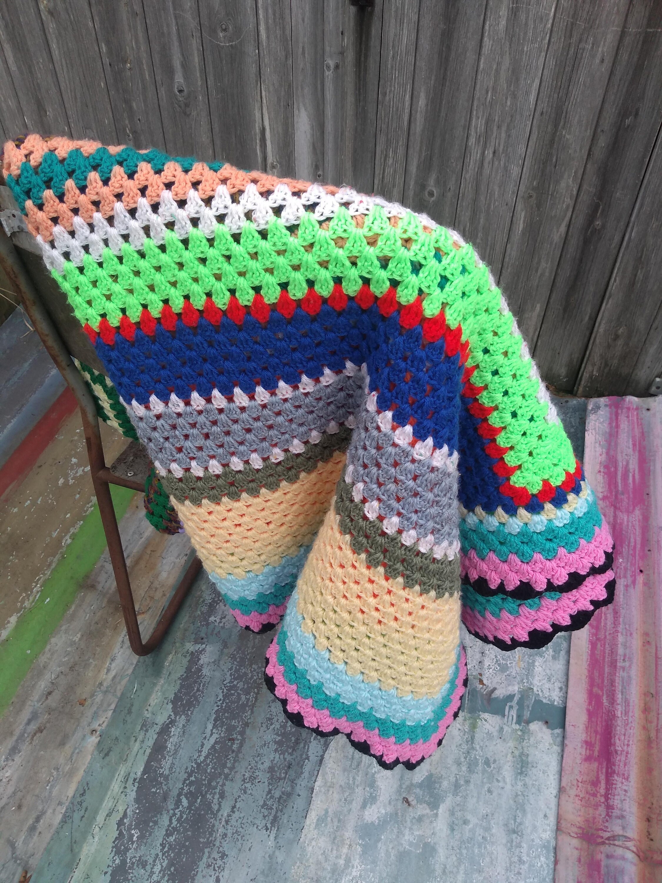 Vintage multi coloured 70s/ 80s retro crochet blanket 7ft x Etsy