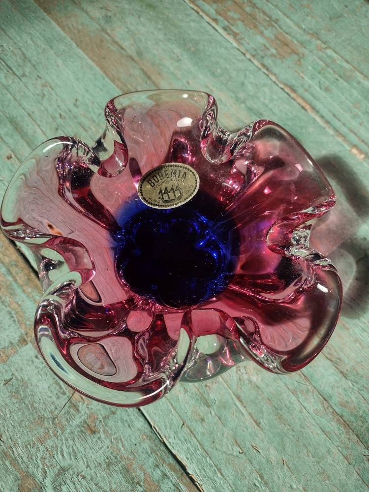 Bohemia coloured art glass bowl dish Czech purple and blue