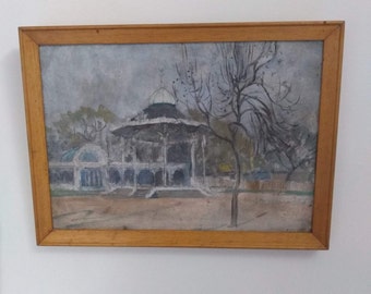 Vintage Hal Woolf ( 1902-1962)  painting of bandstand and glasshouse in park mixed media on board framed