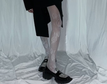 y2k WHITE rose pattern cute fishnets tights - Styling fashion tights - one size - Hosiery - Stockings 1031