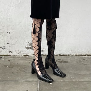 y2k BLACK rose pattern fishnets tights with lace up sides-Grunge Aesthetic-Styling fashion tights-one size-Hosiery- Stockings 1001K