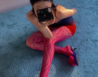 y2k HOT PINK swirl pattern vibrant fishnets tights - Styling fashion tights - one size - Hosiery - Stockings 1005