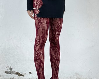 y2k Burgundy Art nouveau with leaves pattern fishnets tights - Styling fashion tights - one size - Hosiery - Stockings 2025