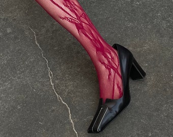 y2k MAROON/RED branch with leaves pattern fishnets tights - Grunge aesthetic - Styling fashion tights - one size - Hosiery - Stockings 1022