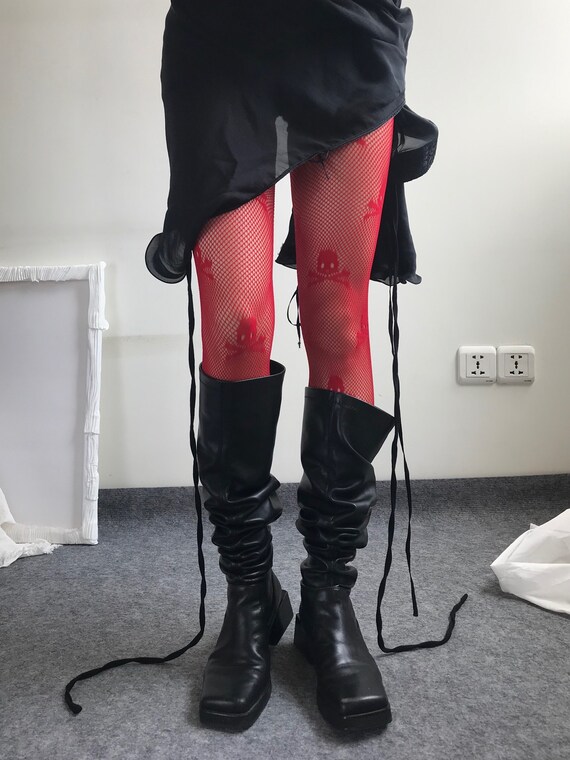 Y2k Red Skull Pattern Fishnets Tights 