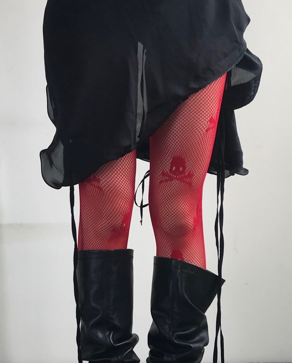 Y2k RED Skull Pattern Fishnets Tights Grunge Aesthetic Styling