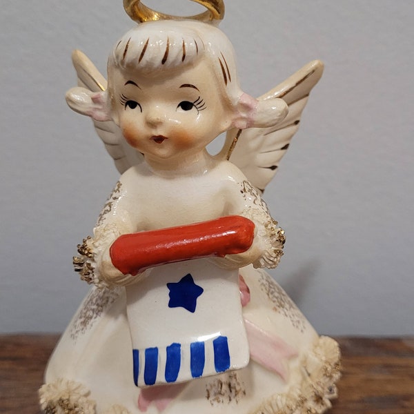 EXCELLENT Lefton "July Angel" Holding Scroll with Patriotic Colors - 1987   FREE SHIPPING