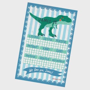 Op de afbeelding: Een blauw-wit gestreepte kaart met een groene dinosaurusillustratie en de tekst "JAMES IS." De kaart bevat woorden als "LOVING", "JOYFUL" en "PATIENT". De onderkant luidt "We love you, James!"